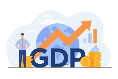 Grafika ilustracyjna wzrost PKB - strzałka w górę na tle góry złotych monet